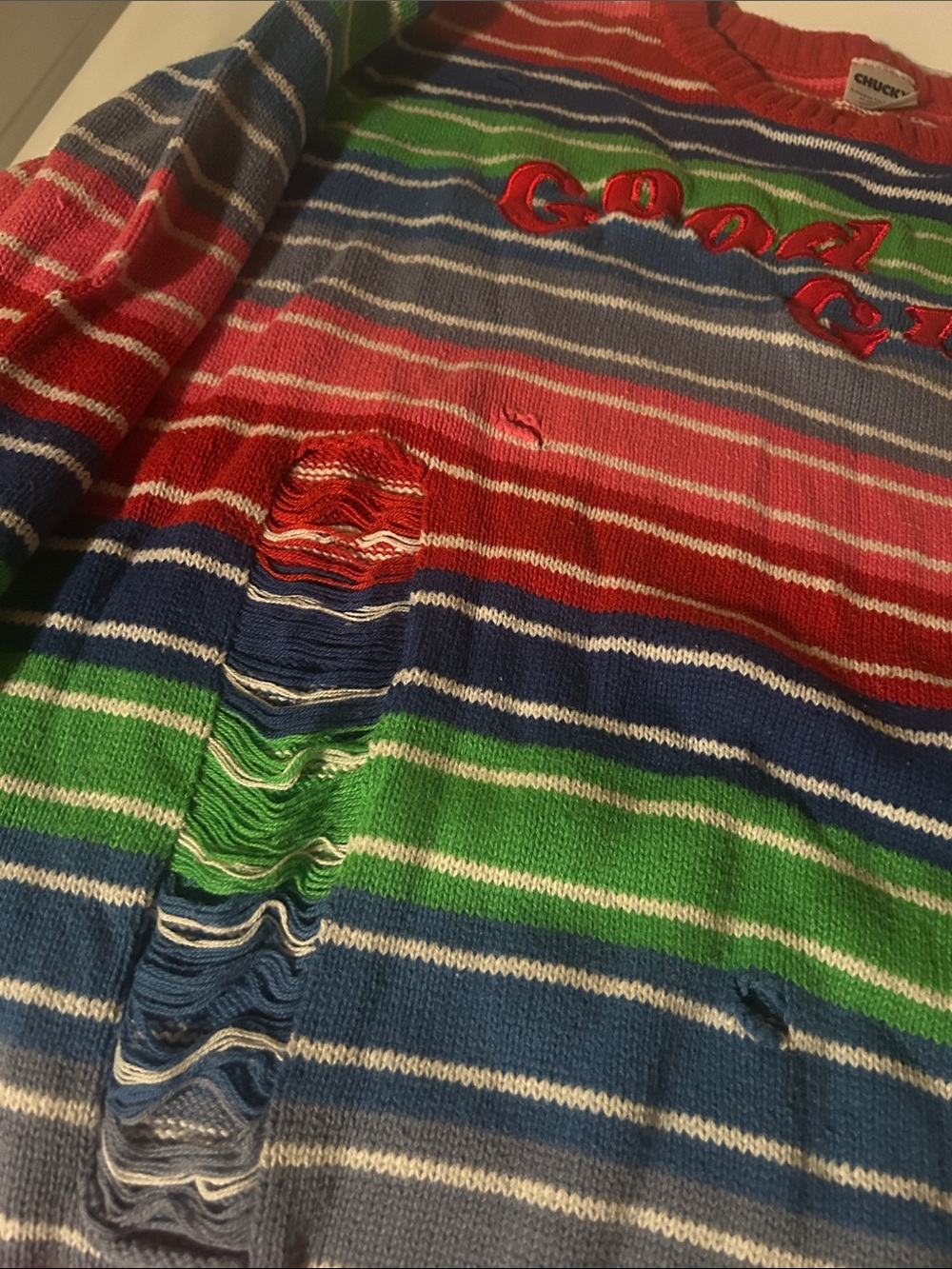 Striped Multicolor Crewneck Sweater with Embroidered Script - Picture 3 of 4